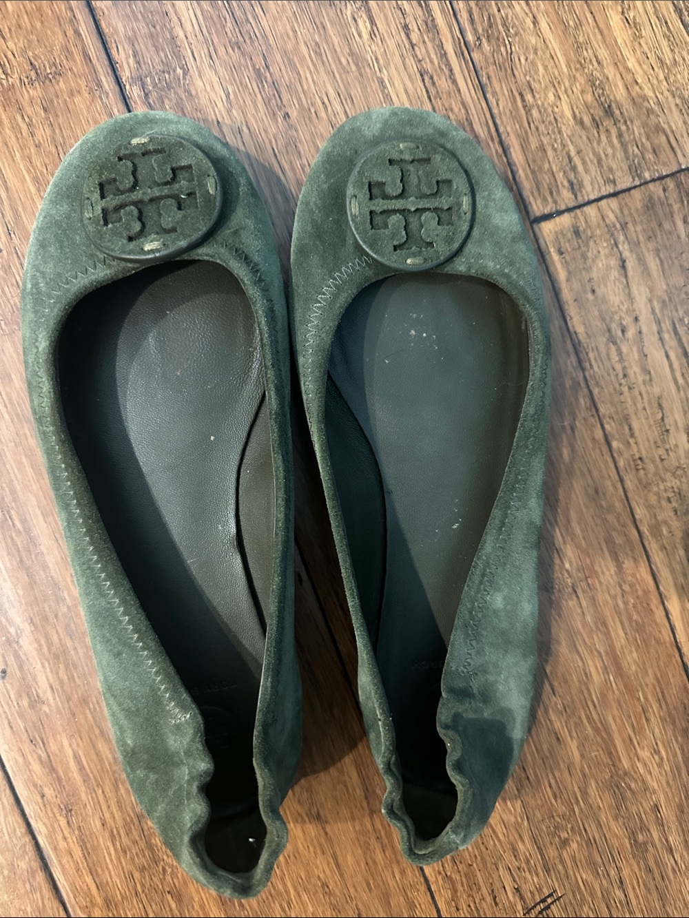 Tory Burch Olive Green Suede Logo Ballet Flats